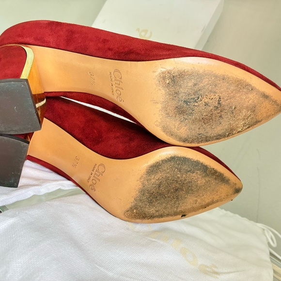 Chloe ♥️ 37.5 Dark Red Suede Block Pumps with Gold 70 Heel - Picture 6 of 6